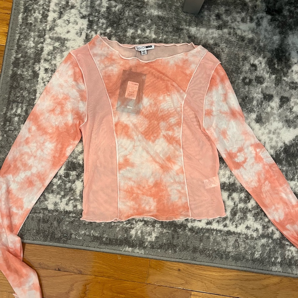 Fashion Nova Coral and White Sheer Blouse